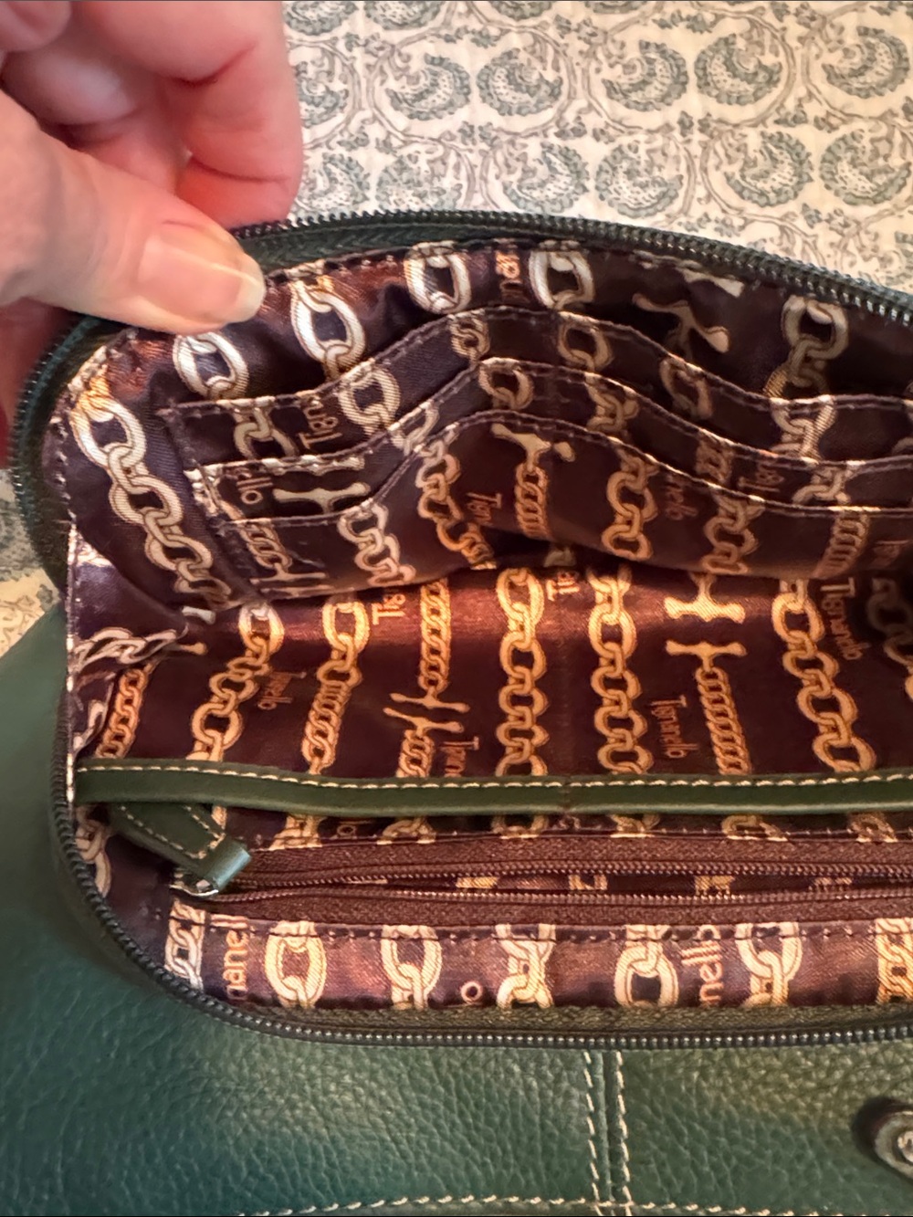 Tignanello Dark Green Pebbled Leather Tote with Front Zip Pocket - Picture 5 of 7